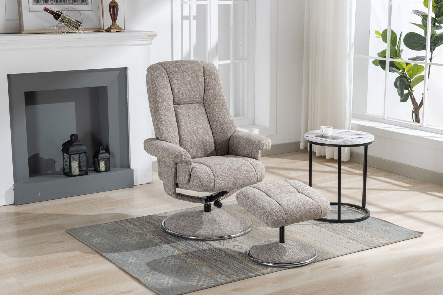 Oat Fabric Swivel Recliner and Footstool Chrome Trimmed
