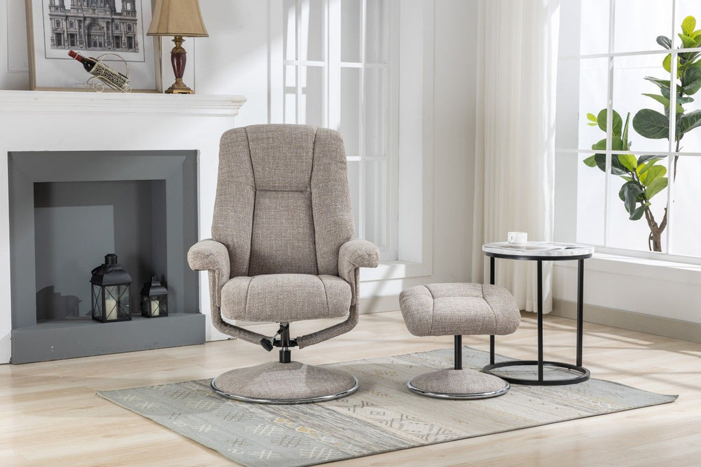 Oat Fabric Swivel Recliner and Footstool Chrome Trimmed - Home Furniture Interiors