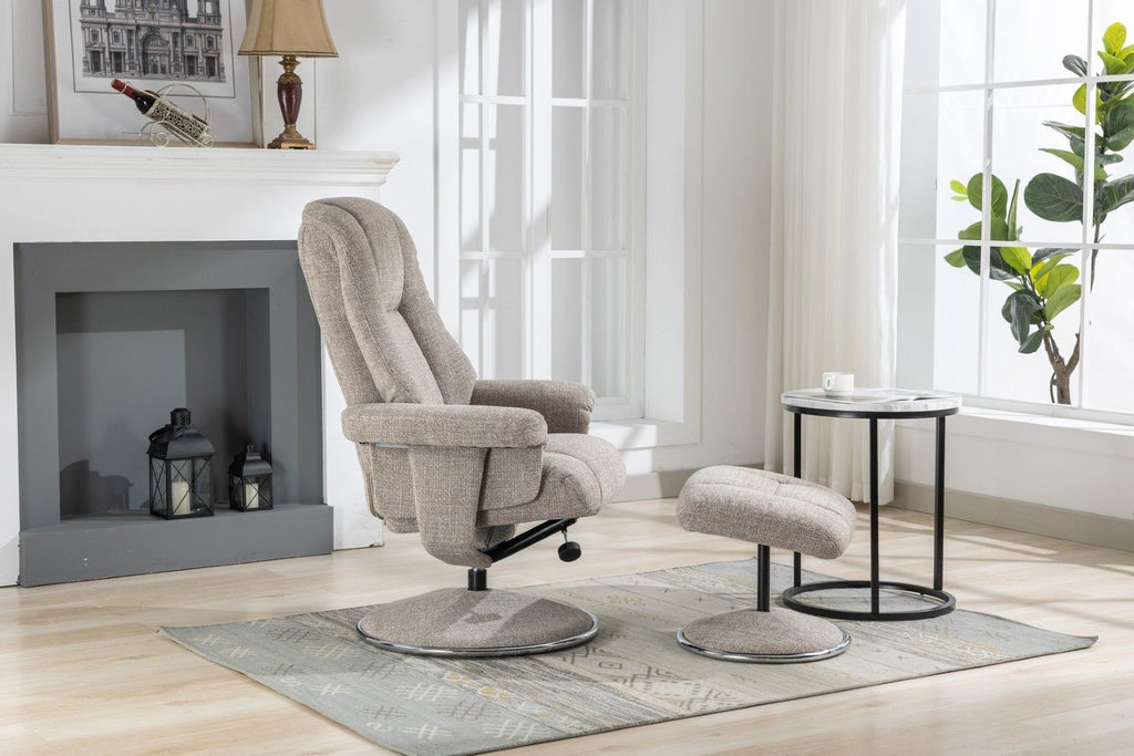 Oat Fabric Swivel Recliner and Footstool Chrome Trimmed - Home Furniture Interiors