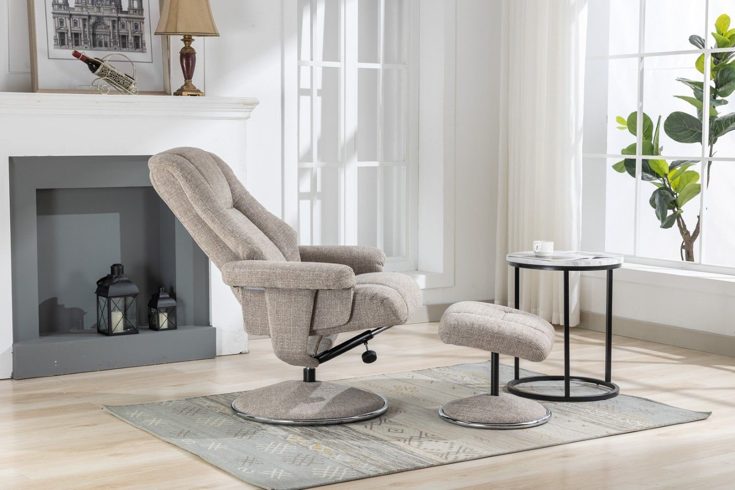 Oat Fabric Swivel Recliner and Footstool Chrome Trimmed - Home Furniture Interiors