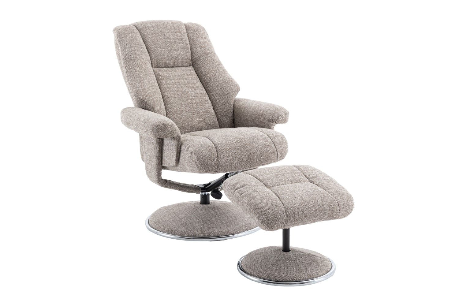 Oat Fabric Swivel Recliner and Footstool Chrome Trimmed - Home Furniture Interiors