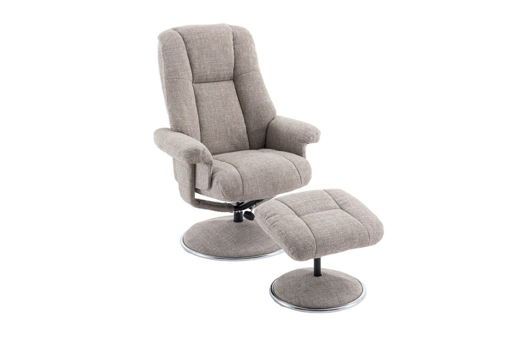 Oat Fabric Swivel Recliner and Footstool Chrome Trimmed - Home Furniture Interiors