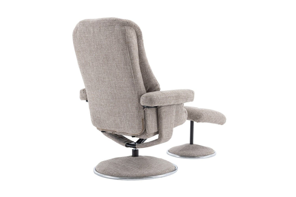 Oat Fabric Swivel Recliner and Footstool Chrome Trimmed - Home Furniture Interiors