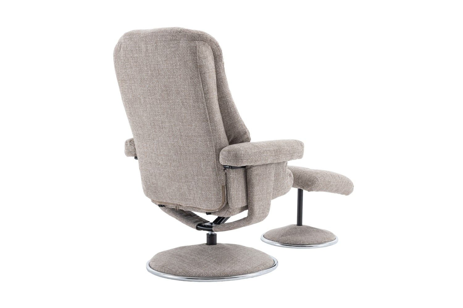Oat Fabric Swivel Recliner and Footstool Chrome Trimmed - Home Furniture Interiors
