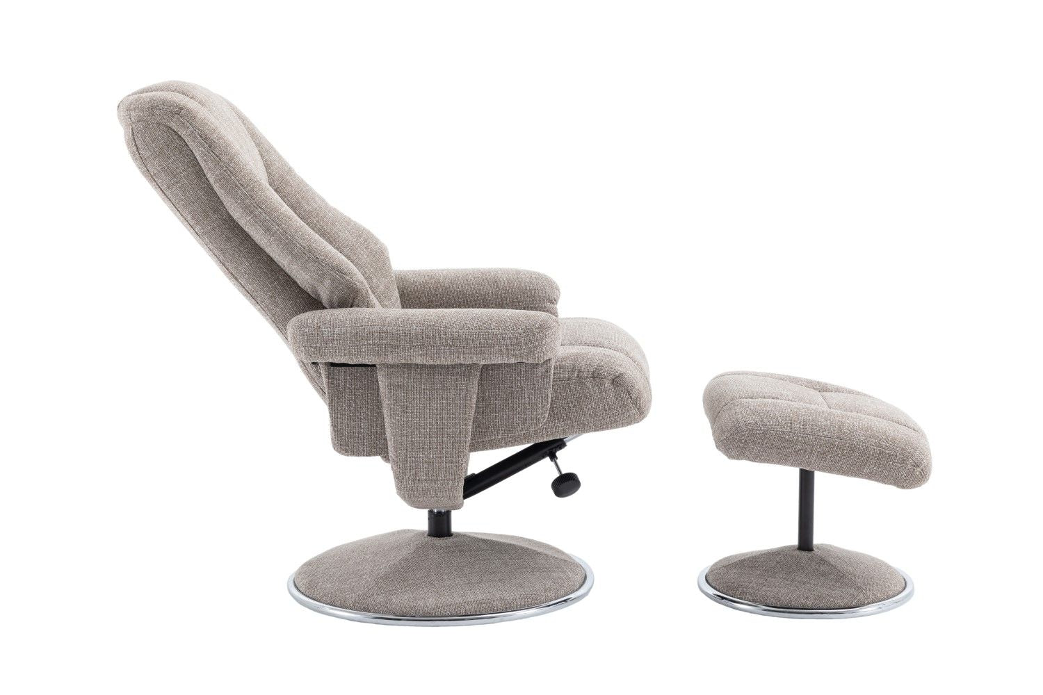 Oat Fabric Swivel Recliner and Footstool Chrome Trimmed - Home Furniture Interiors