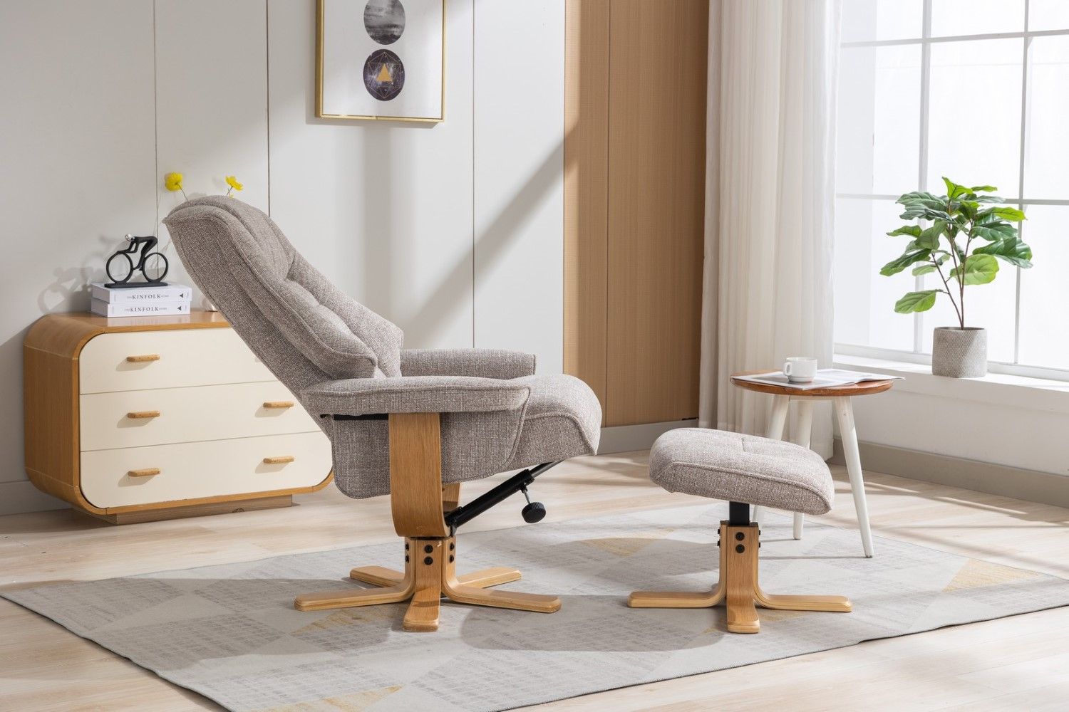 Oat Fabric Swivel Recliner Chair with Footstool Star Base - Home Furniture Interiors
