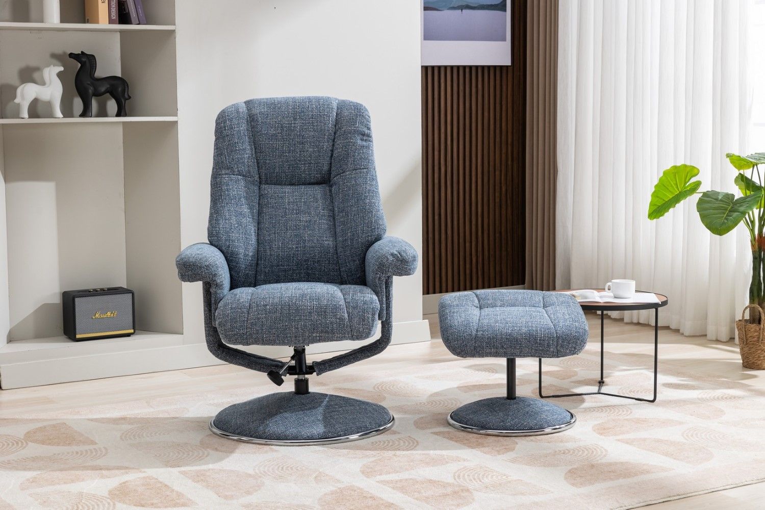 Ocean Blue Fabric Swivel Recliner and Footstool Chrome Trim