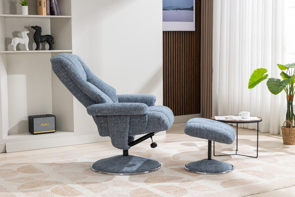 Ocean Blue Fabric Swivel Recliner and Footstool Chrome Trim
