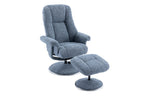 Ocean Blue Fabric Swivel Recliner and Footstool Chrome Trim - Home Furniture Interiors