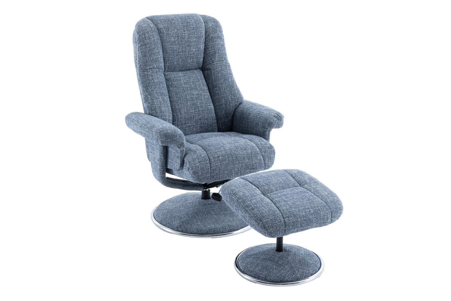 Ocean Blue Fabric Swivel Recliner and Footstool Chrome Trim
