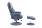 Ocean Blue Fabric Swivel Recliner and Footstool Chrome Trim - Home Furniture Interiors