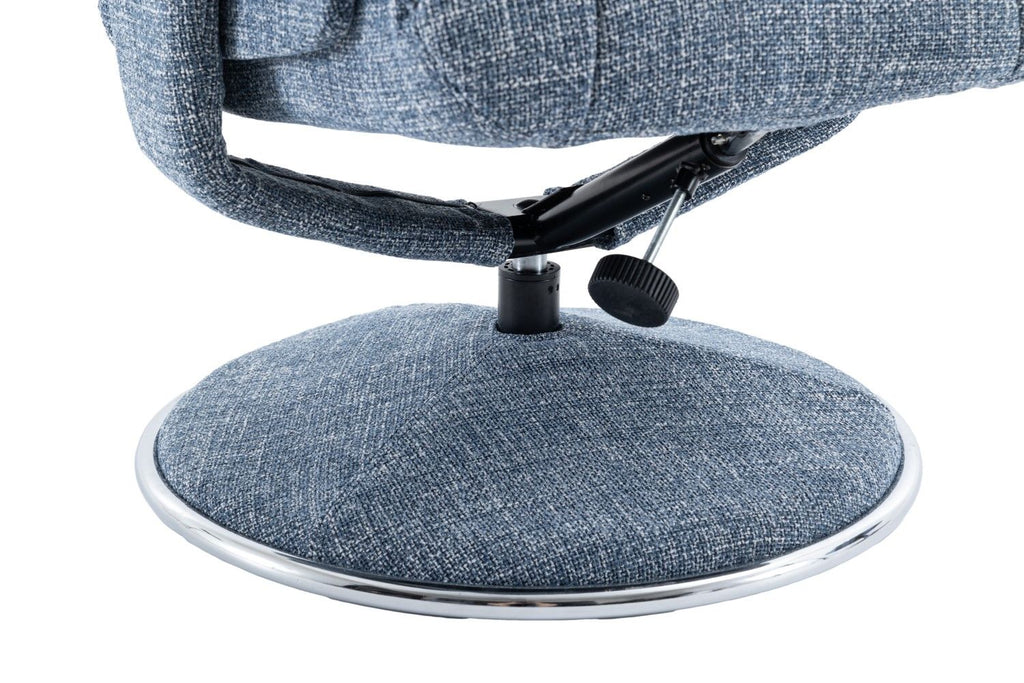 Ocean Blue Fabric Swivel Recliner and Footstool Chrome Trim