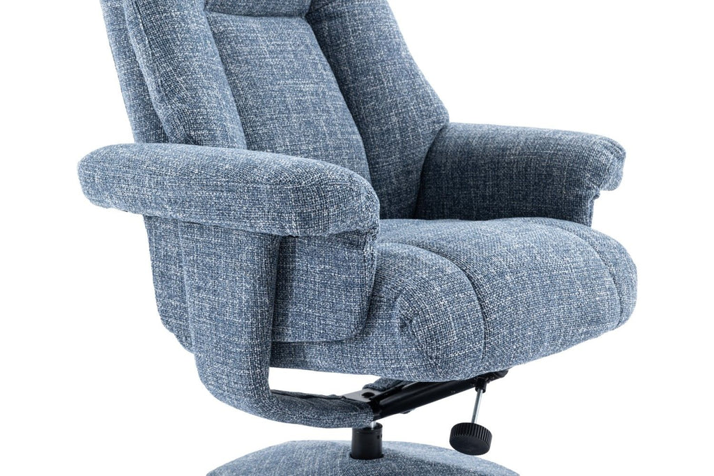 Ocean Blue Fabric Swivel Recliner and Footstool Chrome Trim