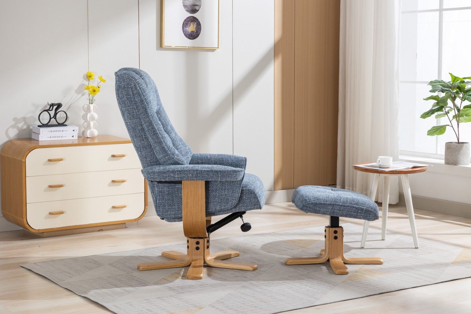 Ocean Blue Fabric Swivel Recliner with Footstool Star Base - Home Furniture Interiors