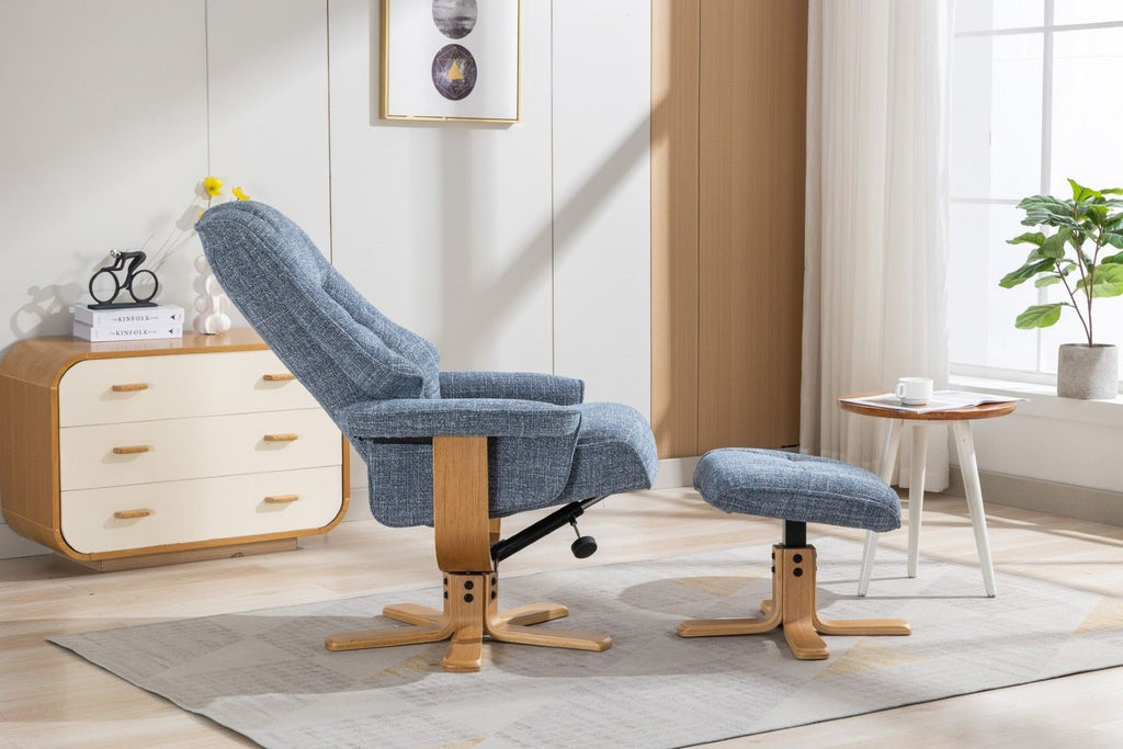 Ocean Blue Fabric Swivel Recliner with Footstool Star Base - Home Furniture Interiors