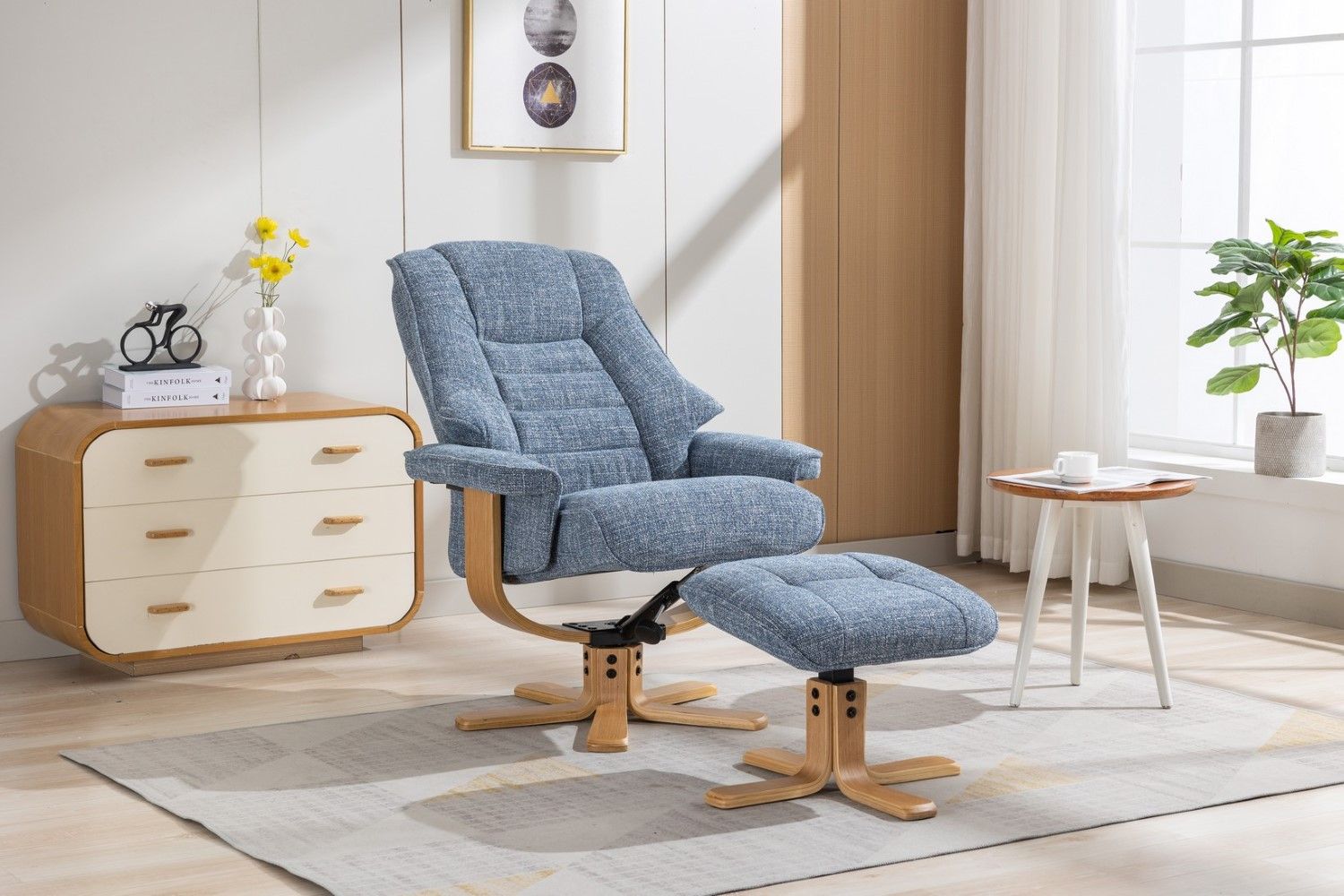 Ocean Blue Fabric Swivel Recliner with Footstool Star Base - Home Furniture Interiors