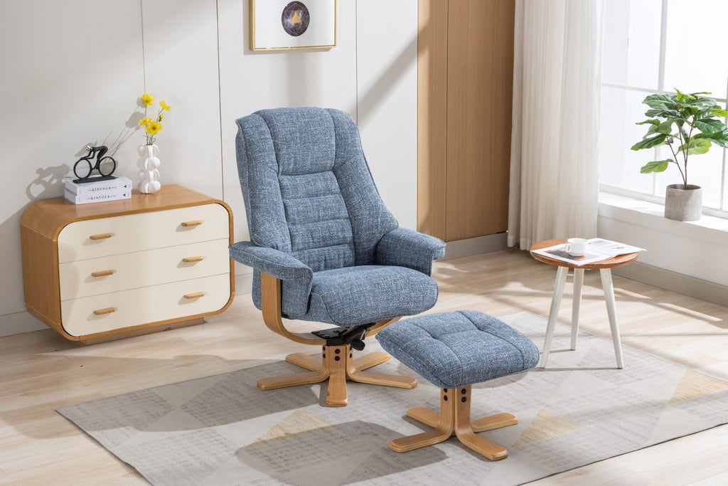Ocean Blue Fabric Swivel Recliner with Footstool Star Base - Home Furniture Interiors
