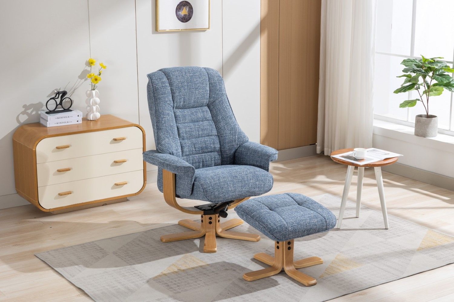 Ocean Blue Fabric Swivel Recliner with Footstool Star Base - Home Furniture Interiors
