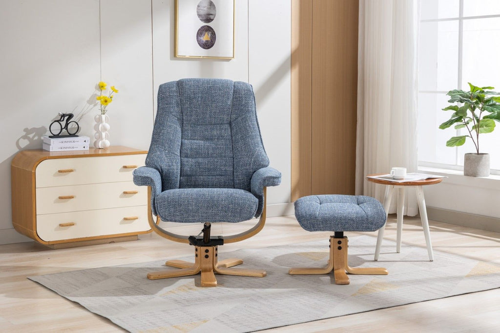 Ocean Blue Fabric Swivel Recliner with Footstool Star Base - Home Furniture Interiors