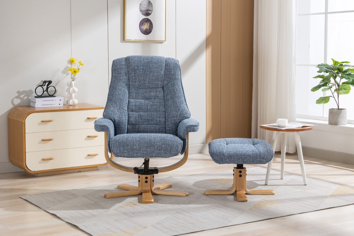 Ocean Blue Fabric Swivel Recliner with Footstool Star Base - Home Furniture Interiors