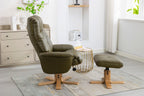 Olive Green Leather Effect Recliner with Footstool Oak Base - Home Furniture Interiors