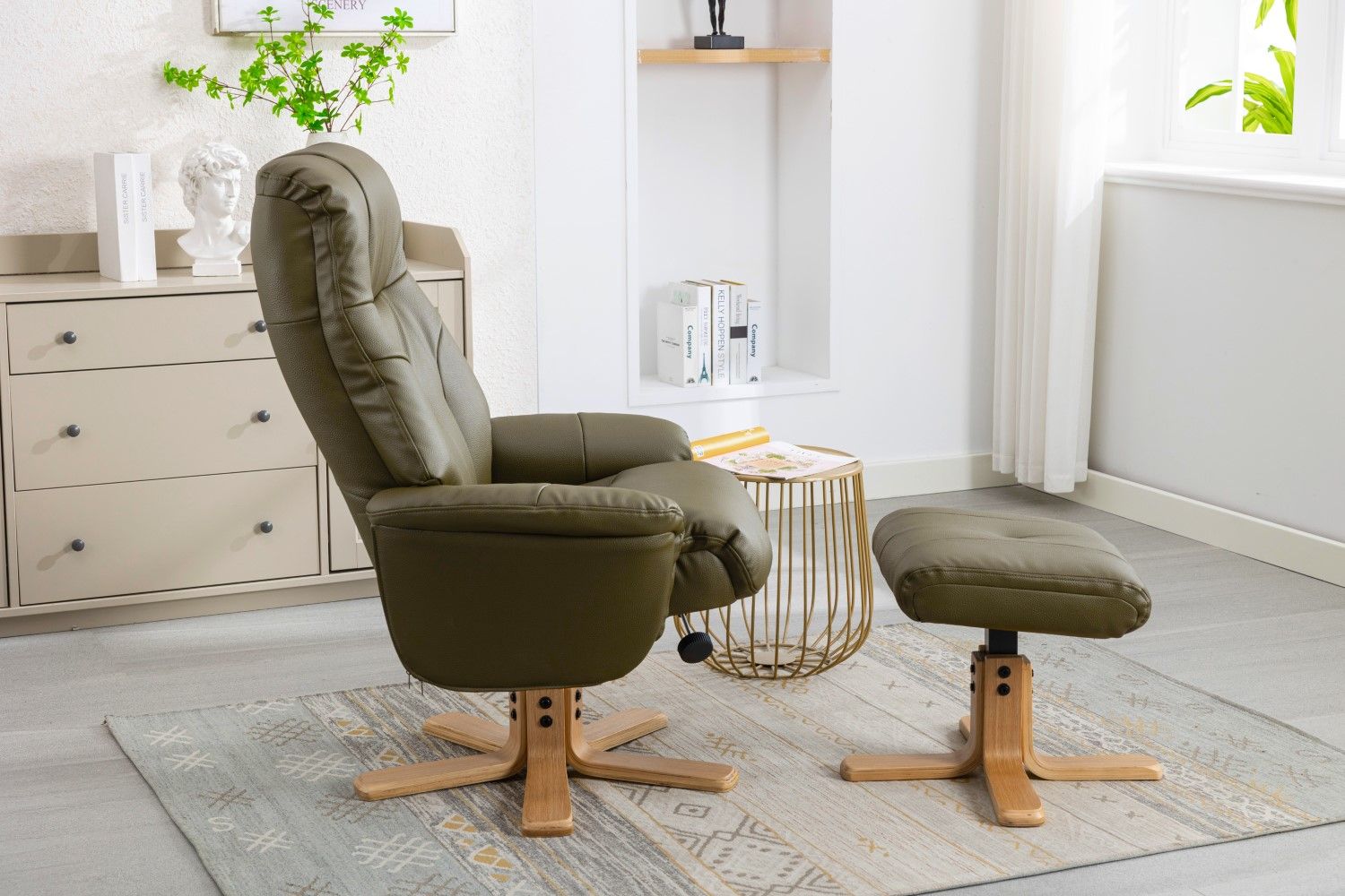 Olive Green Leather Effect Recliner with Footstool Oak Base