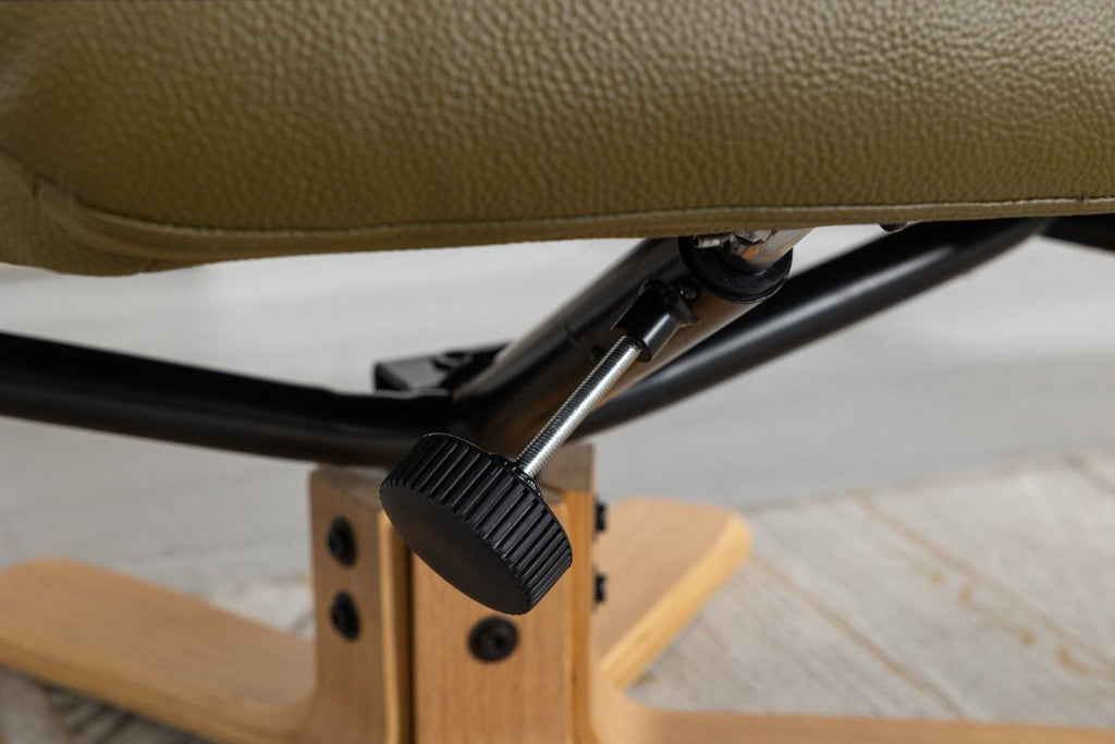 Olive Green Leather Effect Recliner with Footstool Oak Base