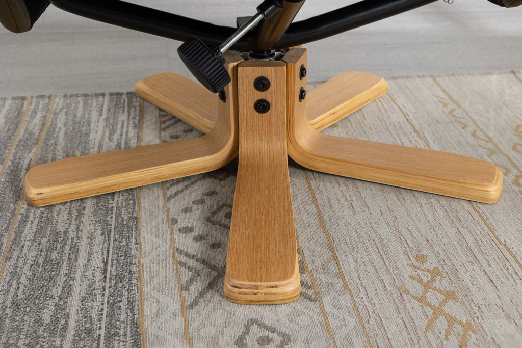 Olive Green Leather Effect Recliner with Footstool Oak Base