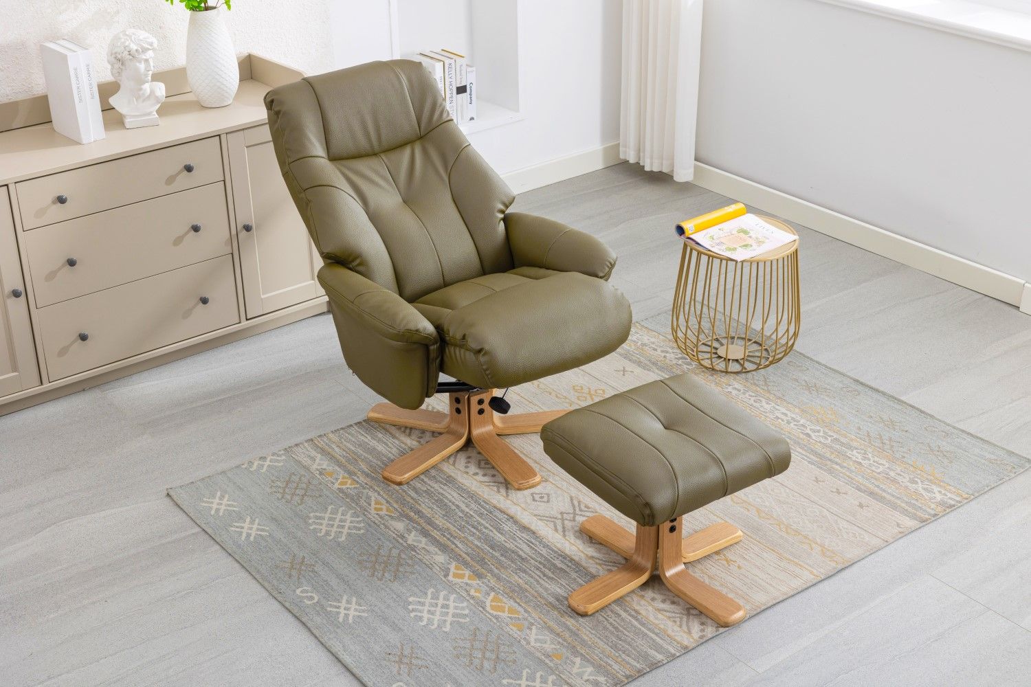 Olive Green Leather Effect Recliner with Footstool Oak Base