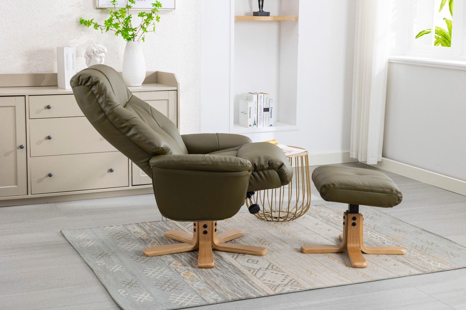 Olive Green Leather Effect Recliner with Footstool Oak Base