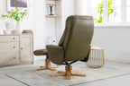 Olive Green Leather Effect Recliner with Footstool Oak Base - Home Furniture Interiors