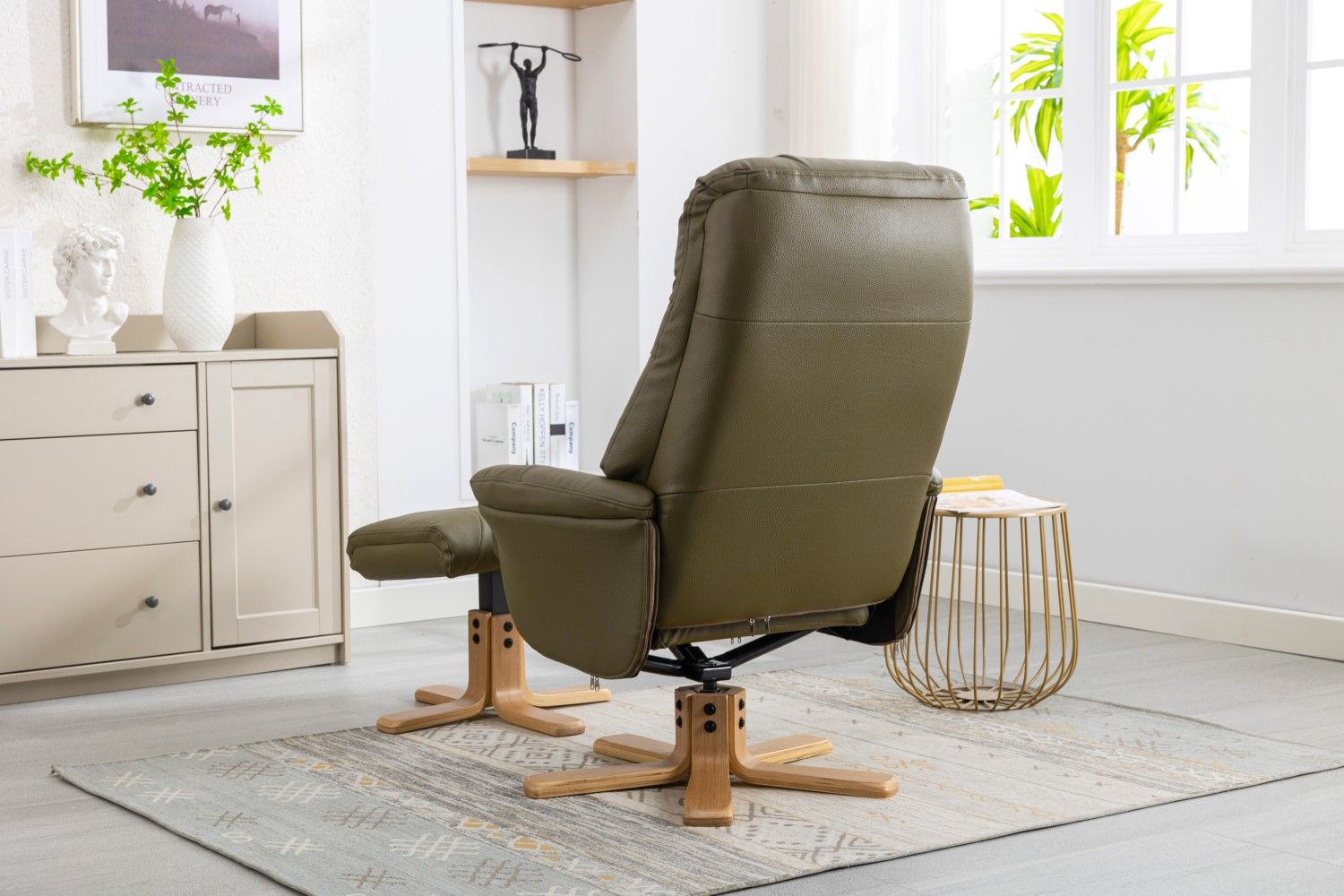 Olive Green Leather Effect Recliner with Footstool Oak Base