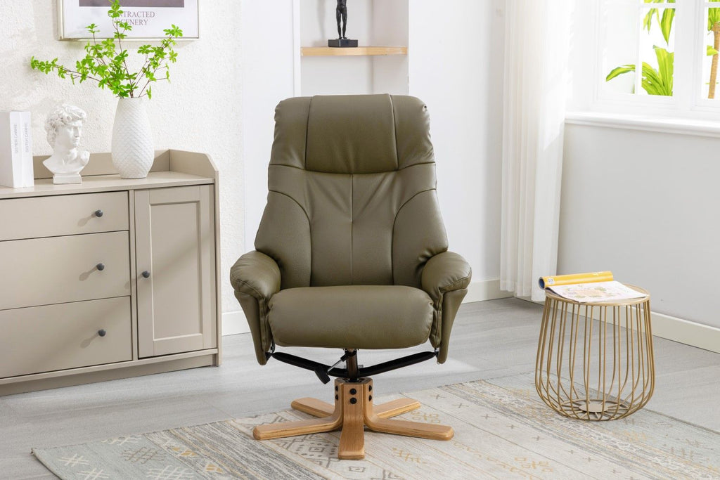 Olive Green Leather Effect Recliner with Footstool Oak Base