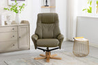 Olive Green Leather Effect Recliner with Footstool Oak Base - Home Furniture Interiors
