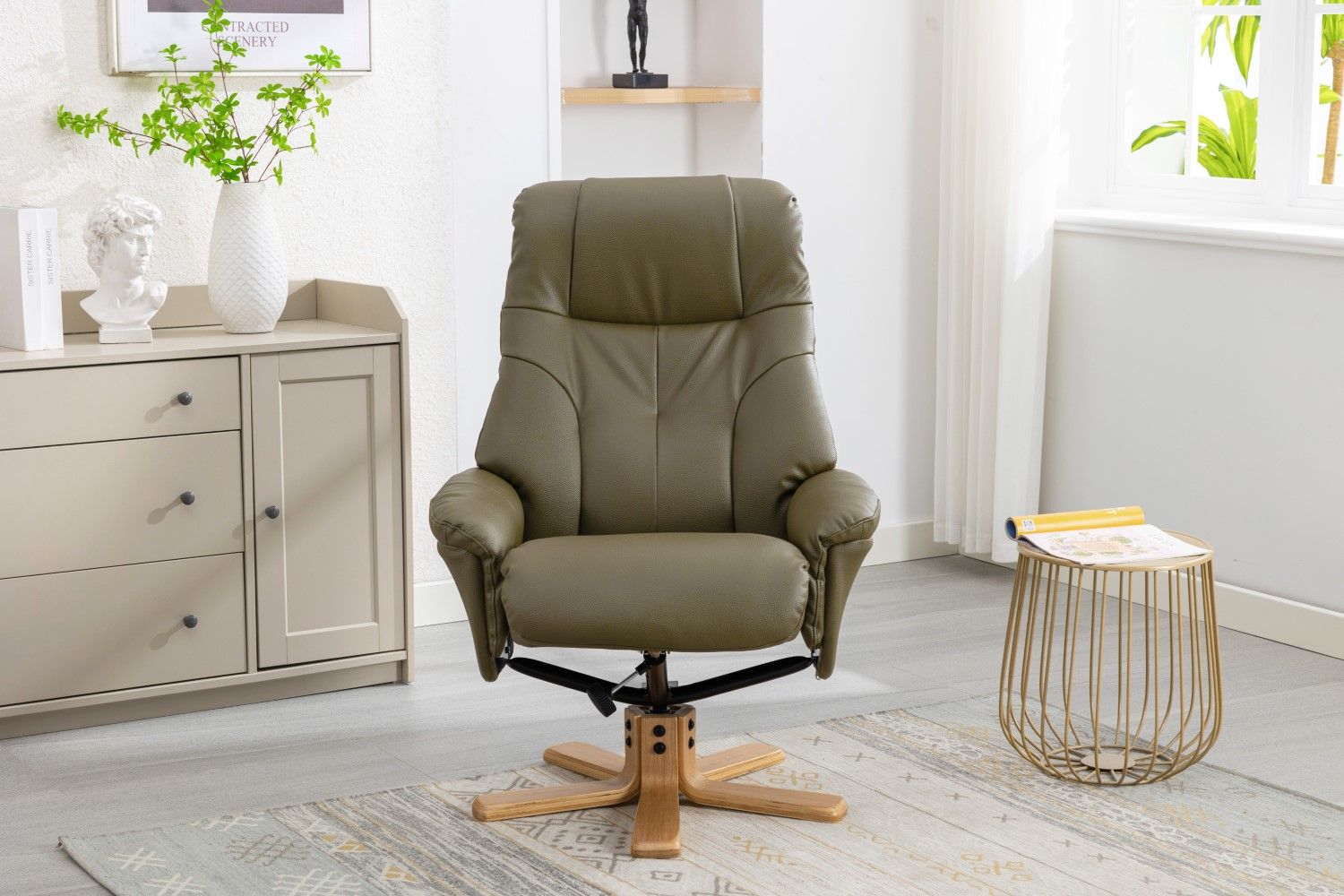 Olive Green Leather Effect Recliner with Footstool Oak Base