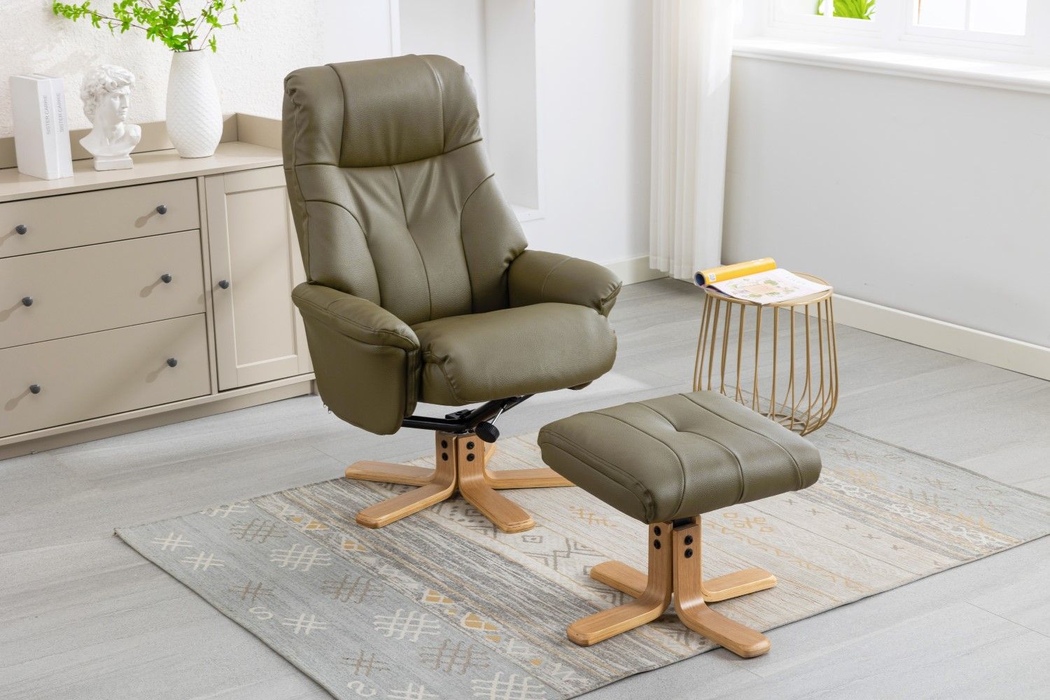 Olive Green Leather Effect Recliner with Footstool Oak Base