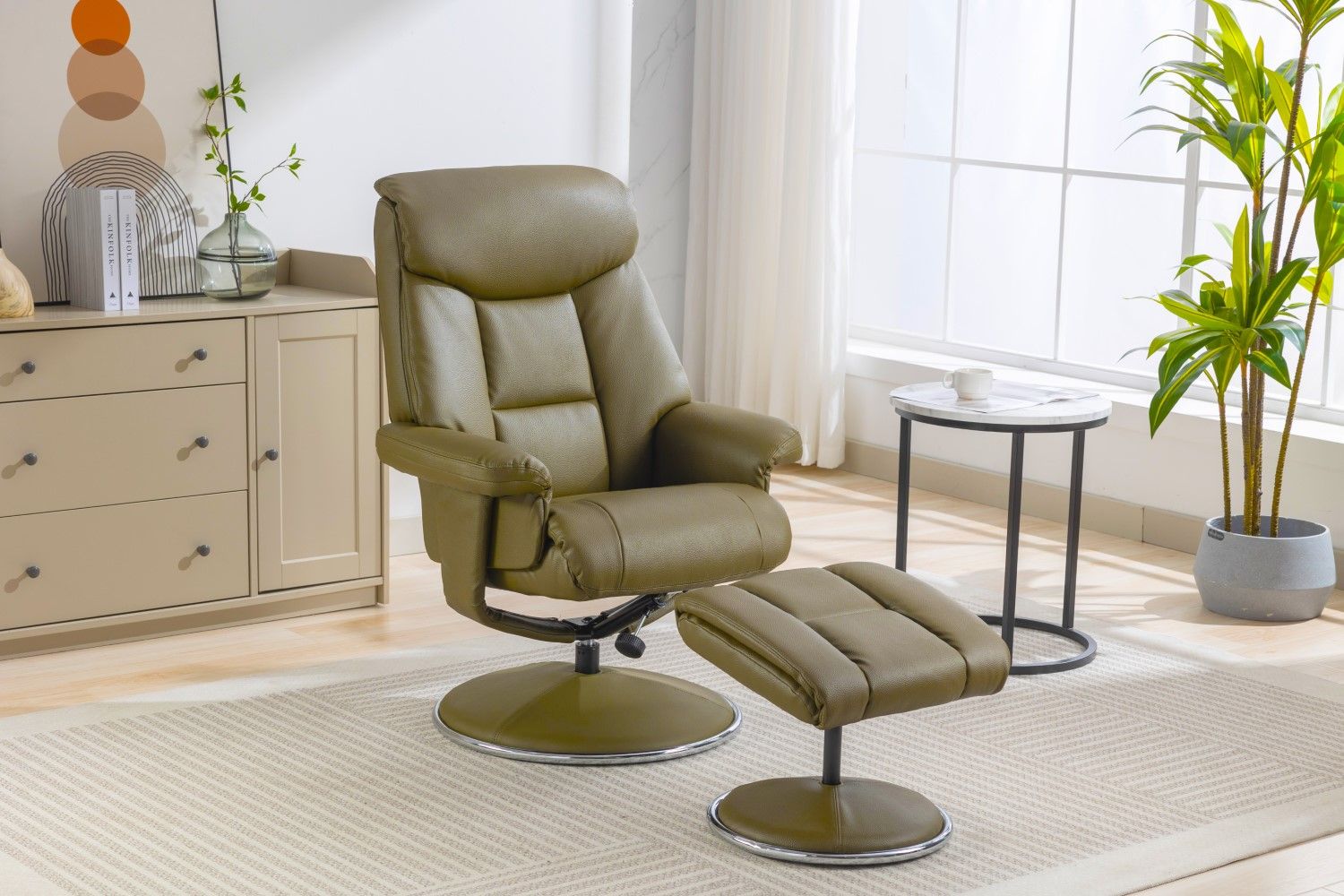 Olive Green Leather Effect Swivel Recliner with Footstool