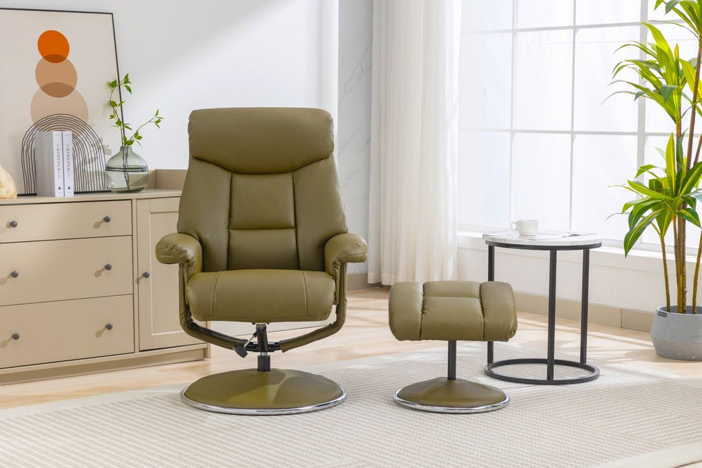 Olive Green Leather Effect Swivel Recliner with Footstool