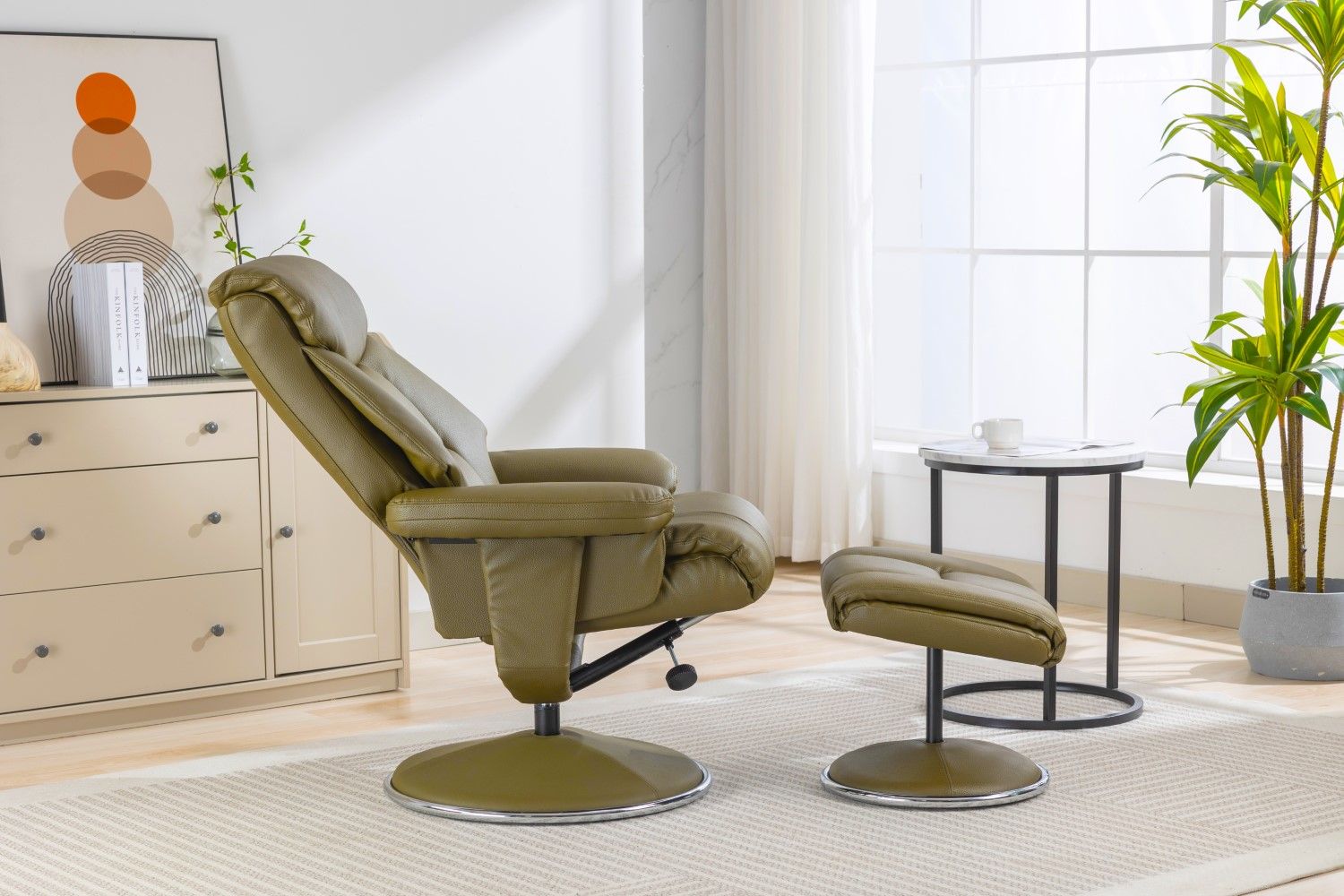 Olive Green Leather Effect Swivel Recliner with Footstool