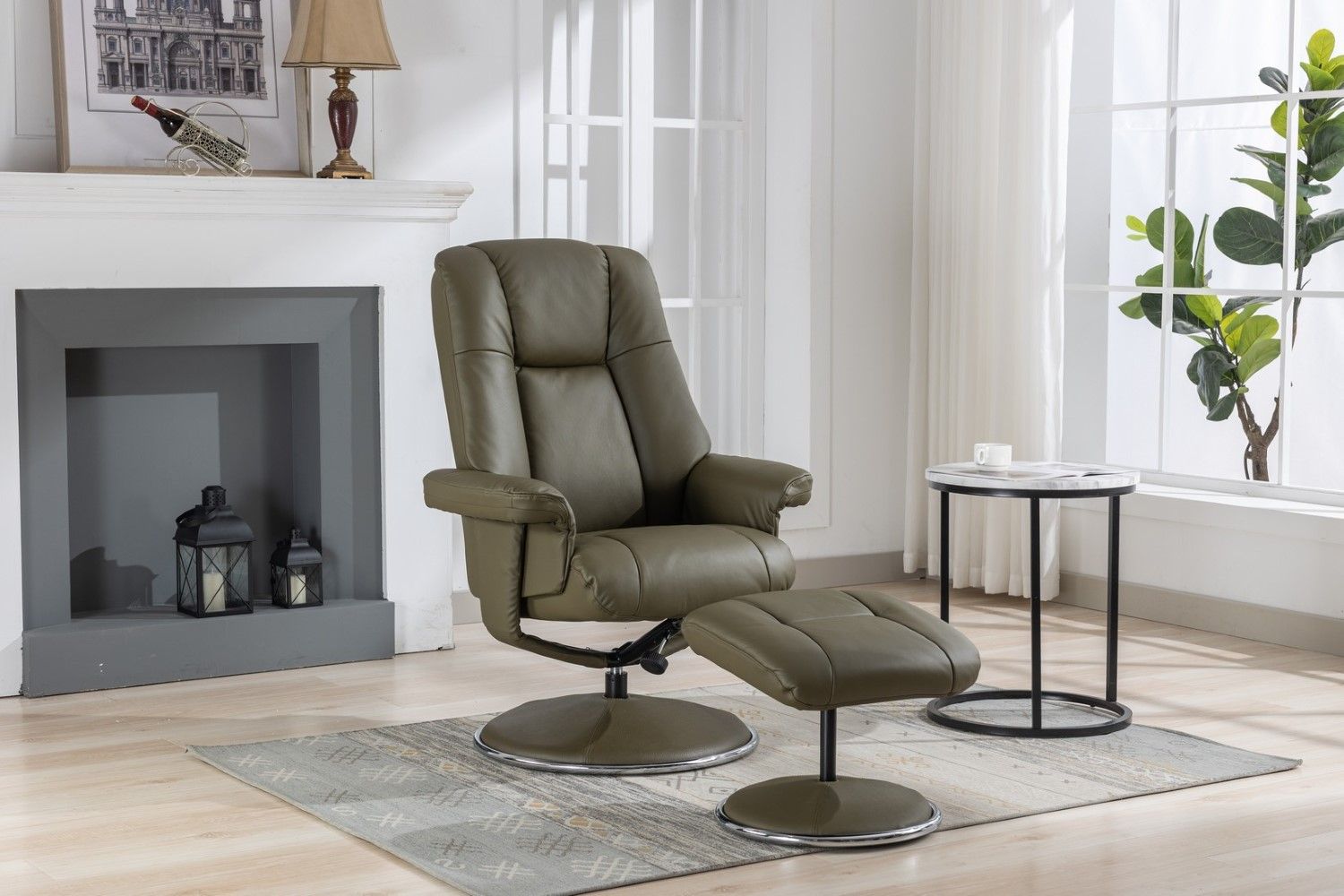 Olive Green Leather Swivel Recliner Chair with Footstool