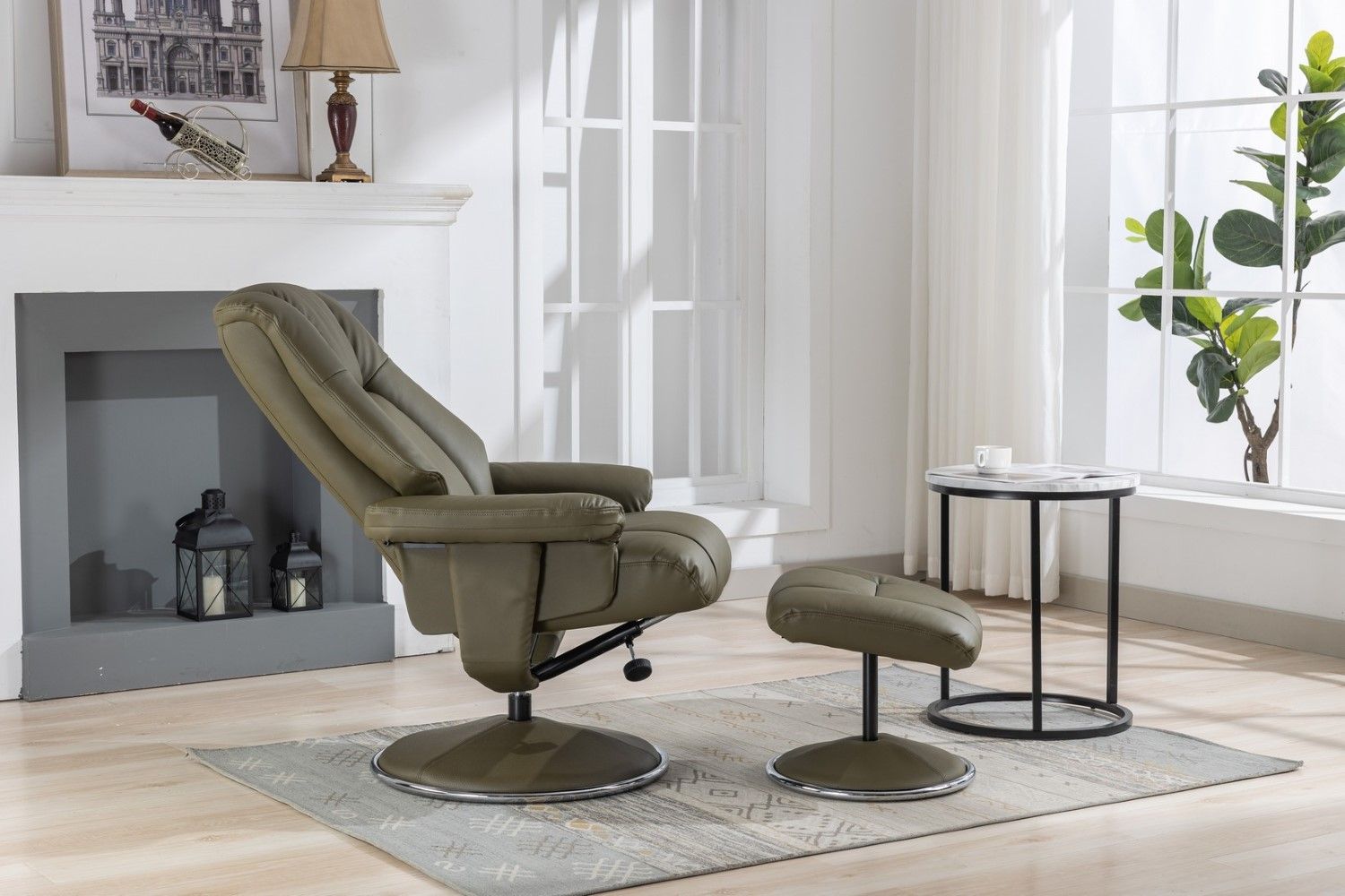 Olive Green Leather Swivel Recliner Chair with Footstool