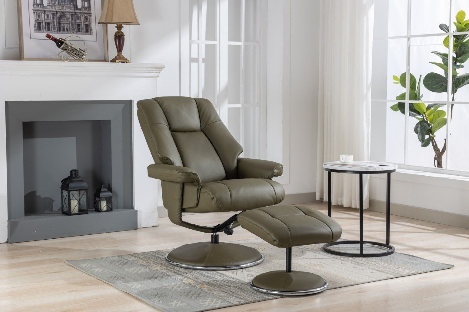 Olive Green Leather Swivel Recliner Chair with Footstool