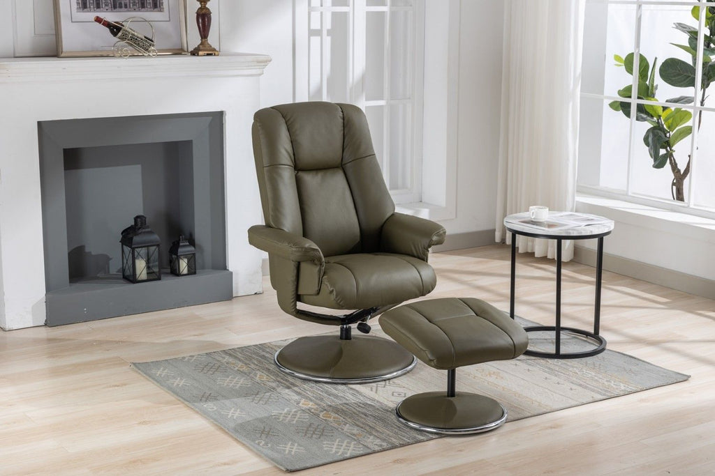 Olive Green Leather Swivel Recliner Chair with Footstool