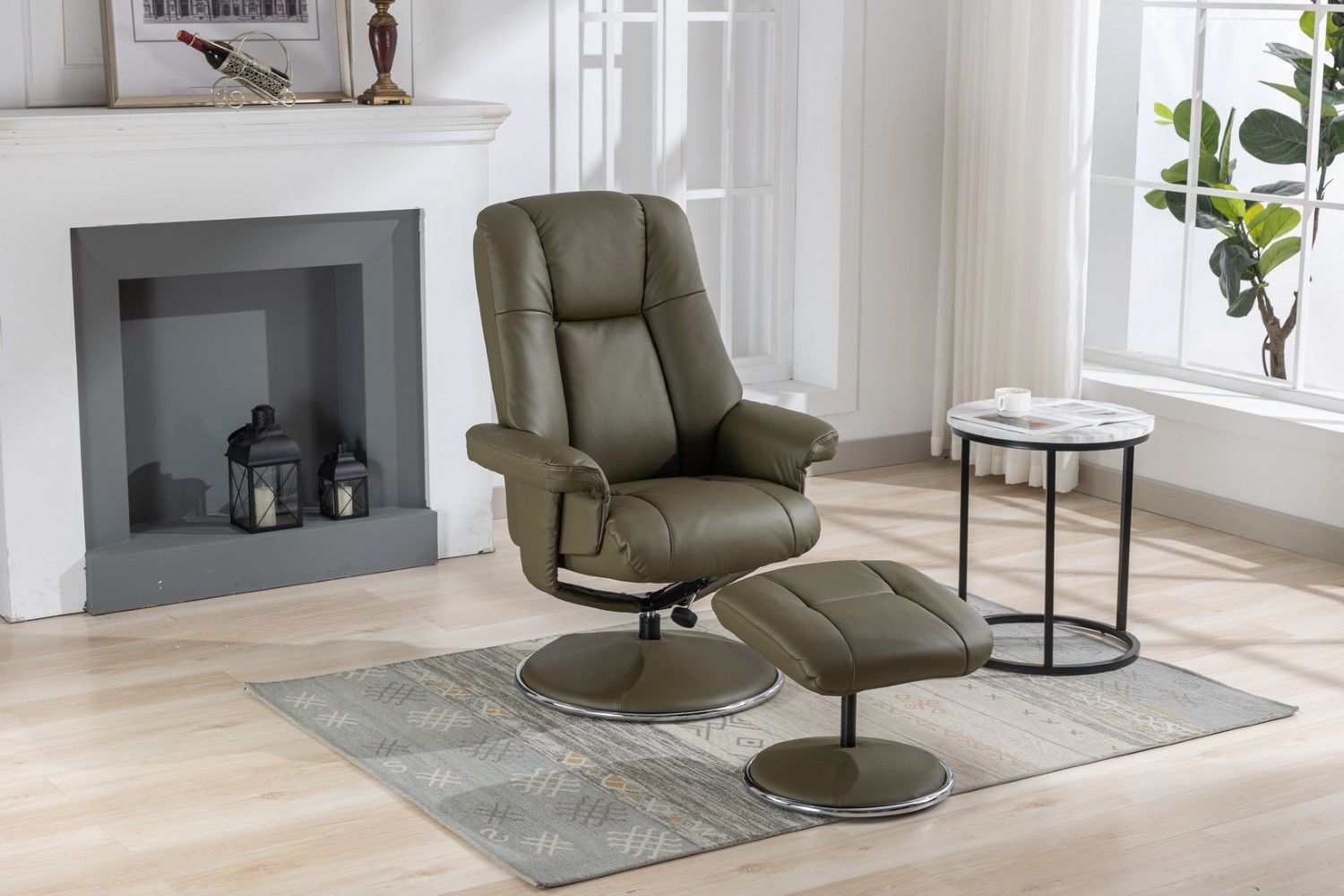 Olive Green Leather Swivel Recliner Chair with Footstool