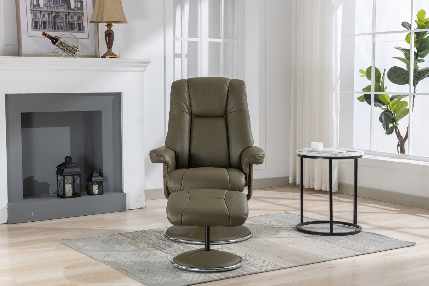 Olive Green Leather Swivel Recliner Chair with Footstool