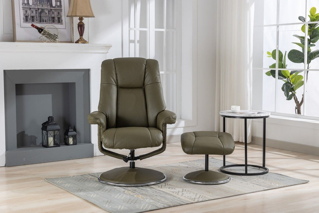 Olive Green Leather Swivel Recliner Chair with Footstool