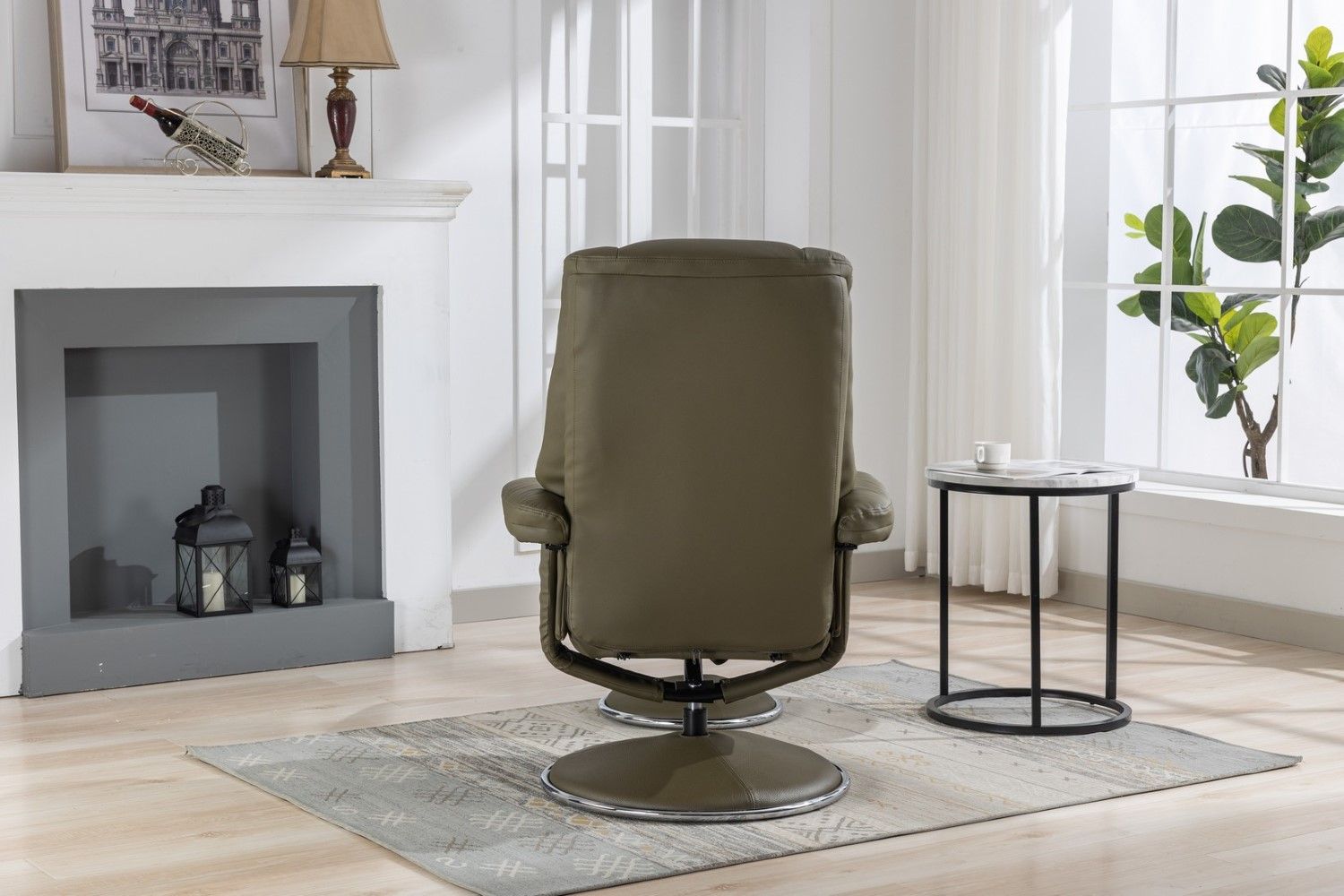 Olive Green Leather Swivel Recliner Chair with Footstool