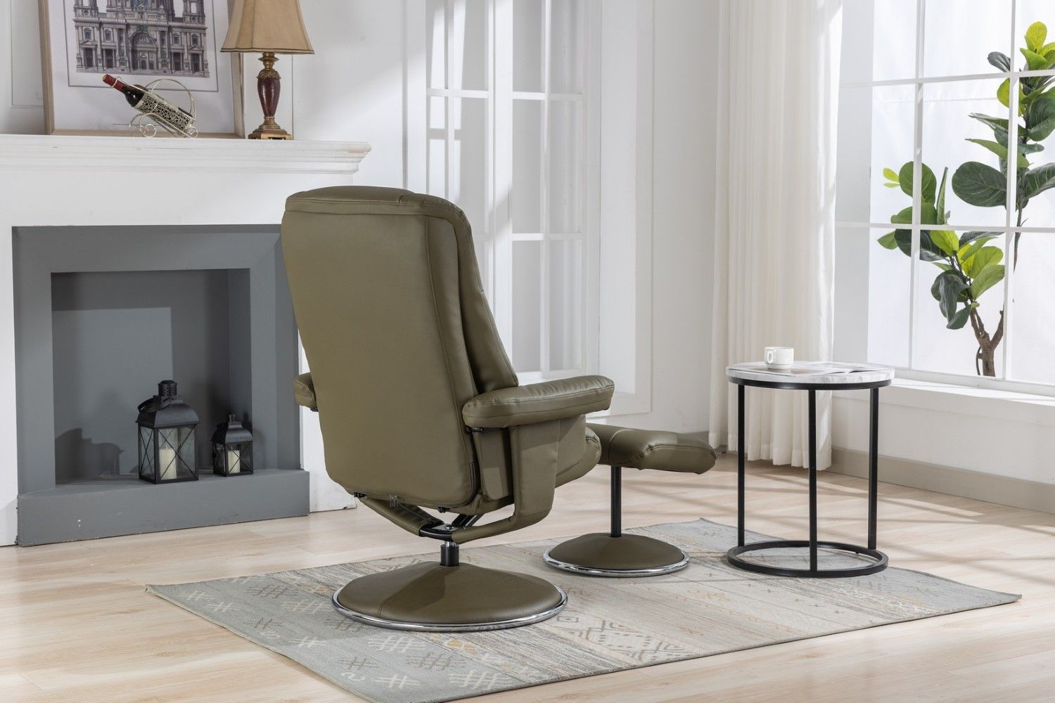 Olive Green Leather Swivel Recliner Chair with Footstool