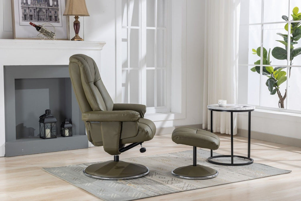 Olive Green Leather Swivel Recliner Chair with Footstool