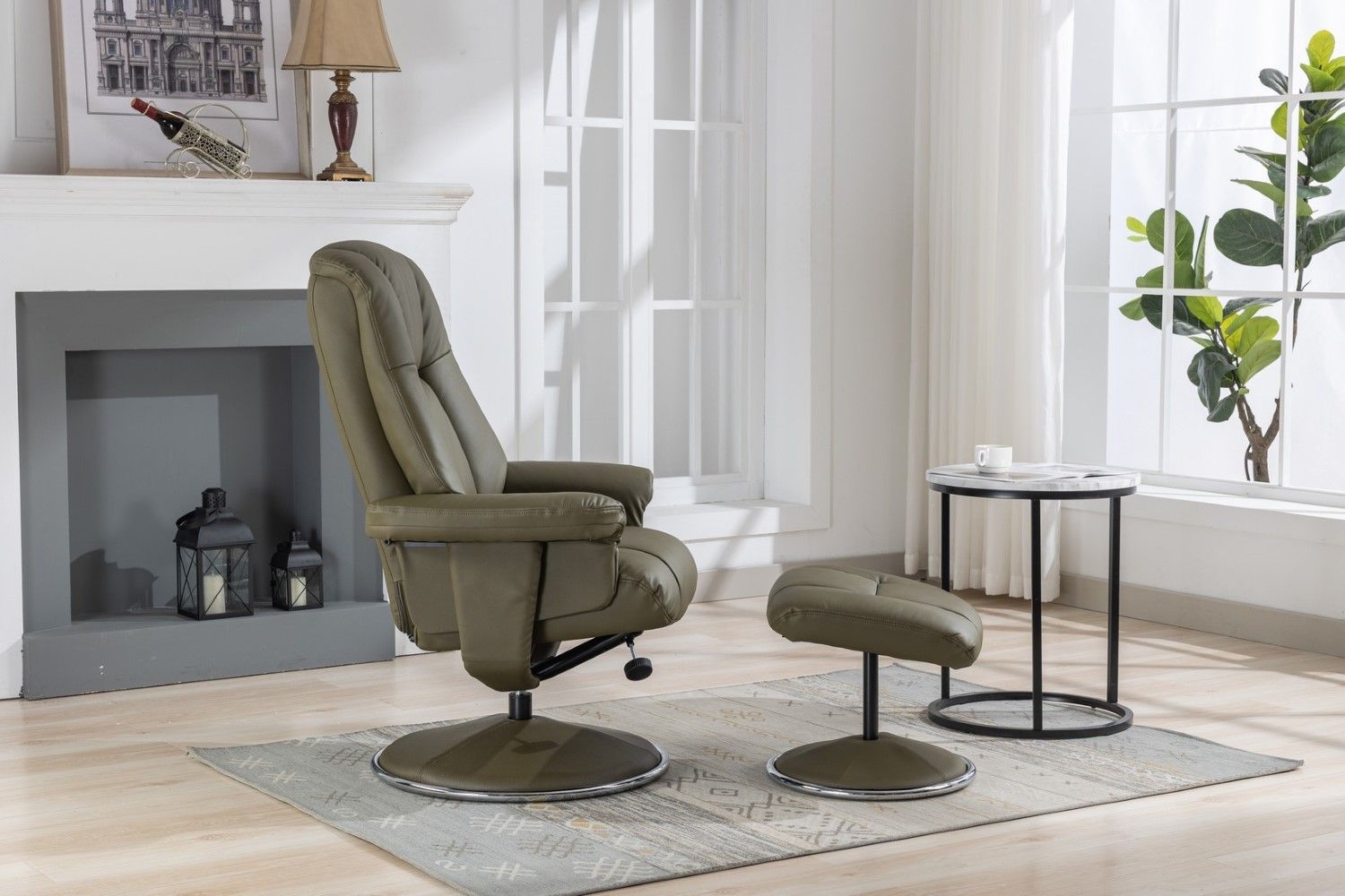 Olive Green Leather Swivel Recliner Chair with Footstool